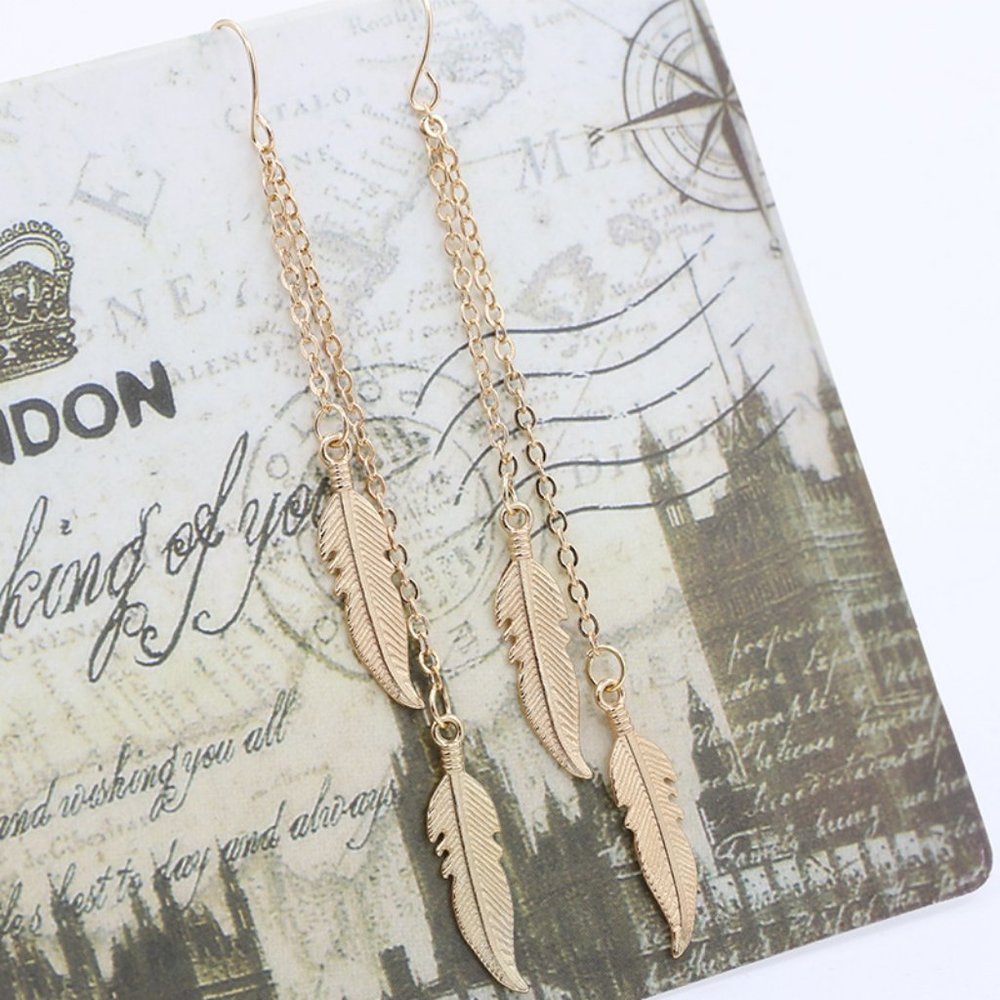NEW! Gorgeous Long Flowing Feather Duo Dangling Gold Earrings - Boho! Ethnic! - Picture 5 of 5